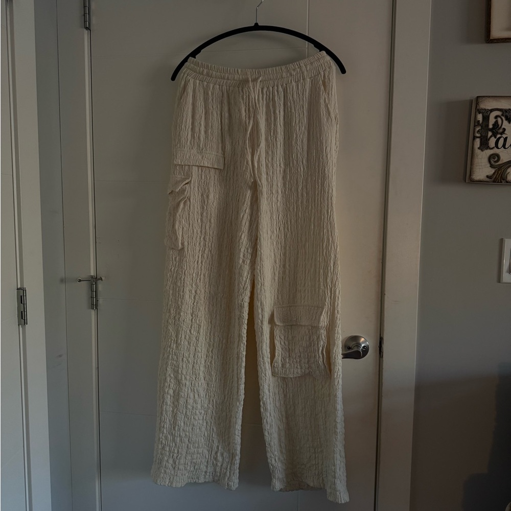 Cream Crinkle Cargo Pants